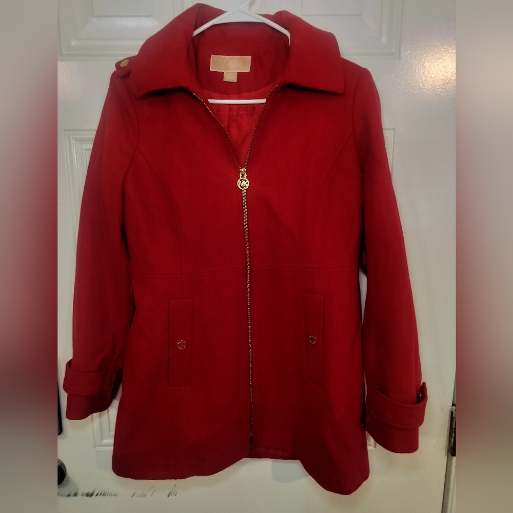 Michael Kors Women Red Wool Blend Zip Coat Jacket Gold Hardware Size S
